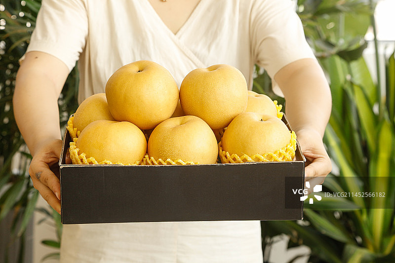 手里拿着一箱秋月梨图片素材
