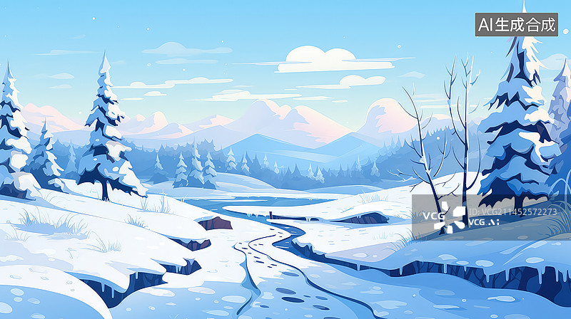 【AI数字艺术】雪原，冬天的平原插画场景图片素材
