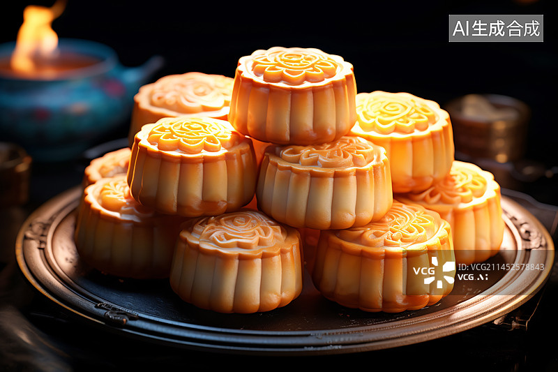 【AI数字艺术】中秋节月饼摆盘背景，红豆沙月饼，五仁月饼图片素材
