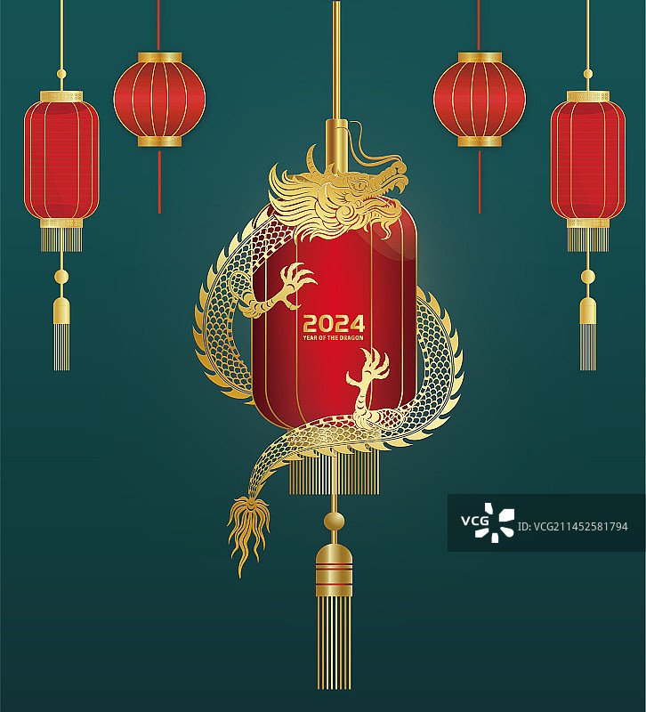 2024年龙年 中国新年祝福贺卡矢量海报 龙盘旋在红灯笼上图片素材