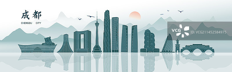 山水国风成都城市地标建筑矢量剪影插画海报图片素材