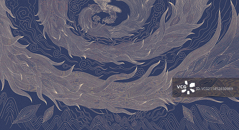 蓝金中国凤凰插画，新年春节高端喜庆中国传统文化纹样设计书籍封面产品包装图片素材