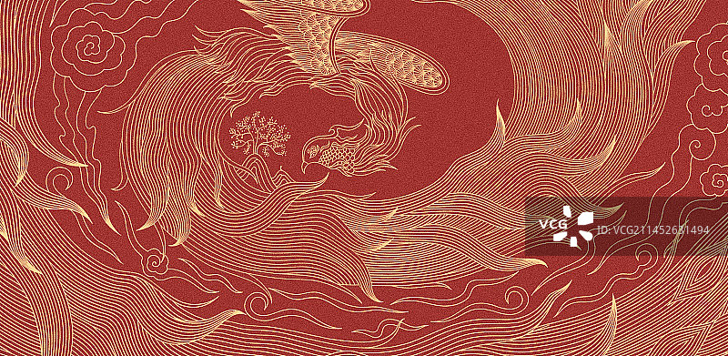 红金中国凤凰插画，新年春节高端喜庆中国传统文化纹样设计书籍封面产品包装图片素材