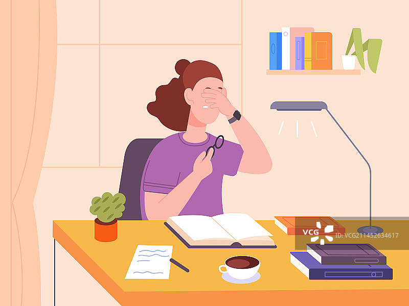 疲惫的女孩在阅读，感到无聊或悲伤图片素材