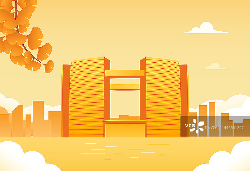 杭州钱江新城市民中心矢量插画，秋天银杏叶立秋秋分重阳节电商金融经济科技广告全球化宣传海报图片素材