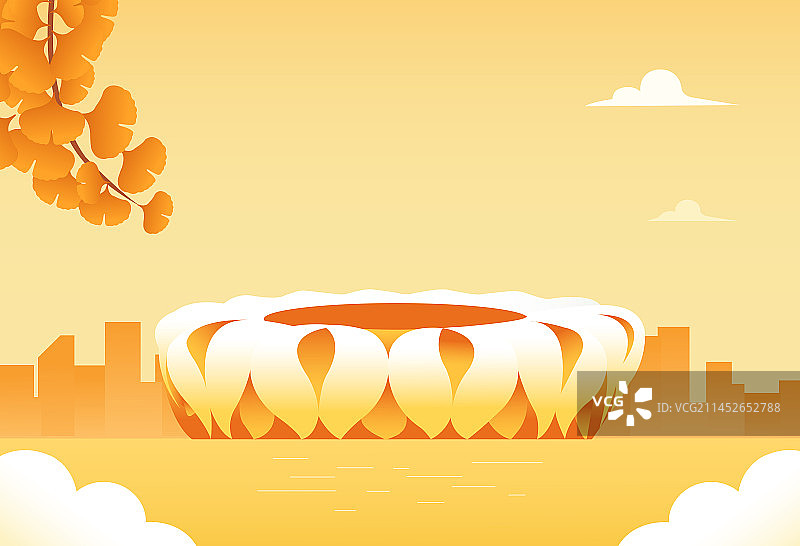 杭州奥体中心体育场矢量插画，大莲花，秋天银杏叶立秋秋分重阳节电商金融经济科技广告全球化宣传海报图片素材