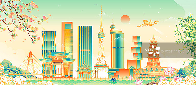 广东佛山城市地标建筑矢量插画图片素材
