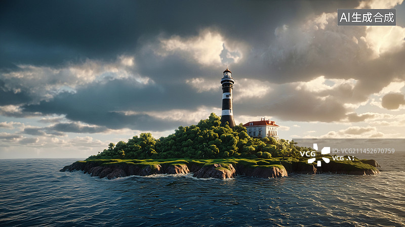 【AI数字艺术】奇幻海岛与灯塔图片素材