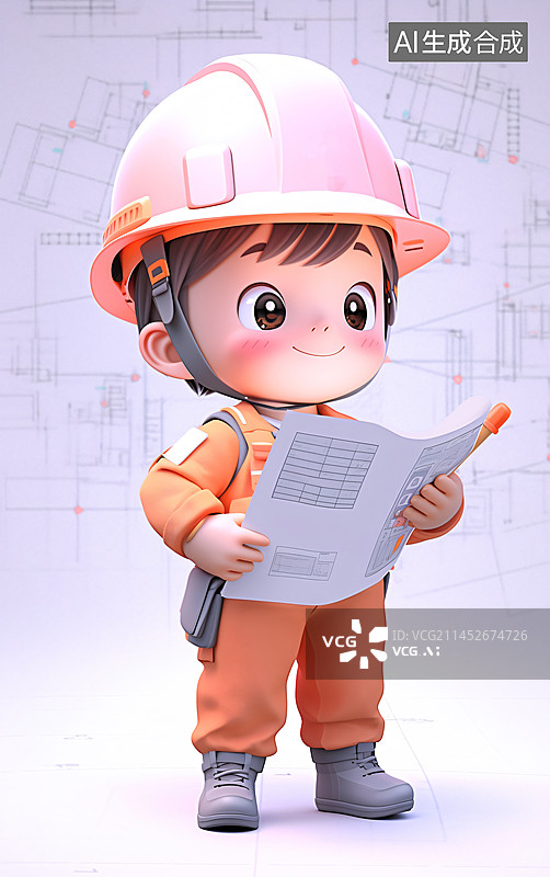 【AI数字艺术】室内设计师在看平面施工图纸的3D人物形象图片素材