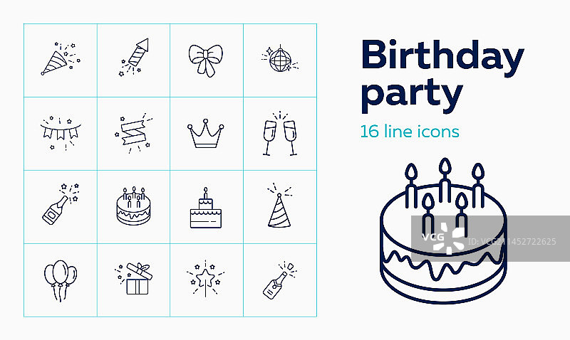 生日派对装饰蛋糕线性图标合集图片素材