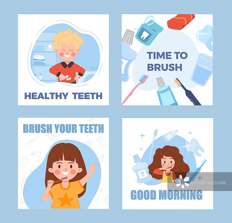 儿童卡通扁平风格牙科护理海报套装图片素材
