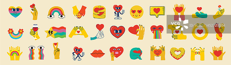 复古快乐的Groovy嬉皮爱心贴纸套装图片素材
