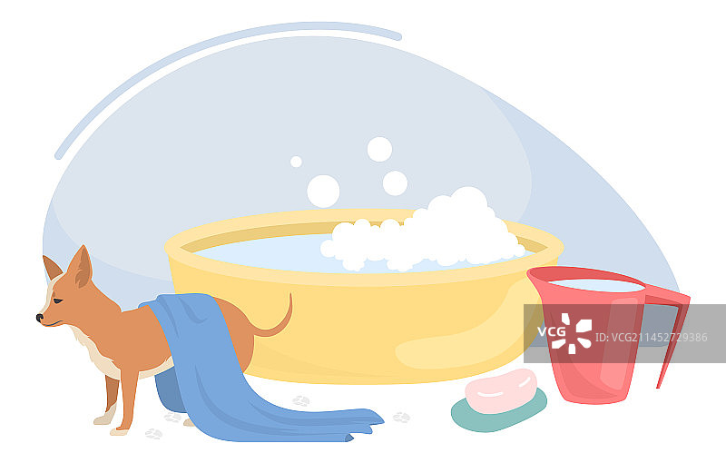 干净的小狗清洗扁平风格图片素材