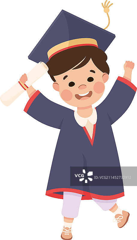 快乐的男孩毕业典礼，身穿蓝色礼服图片素材