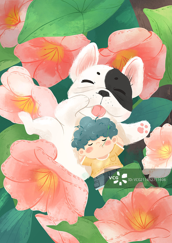 小男孩和小狗躺在花丛中图片素材