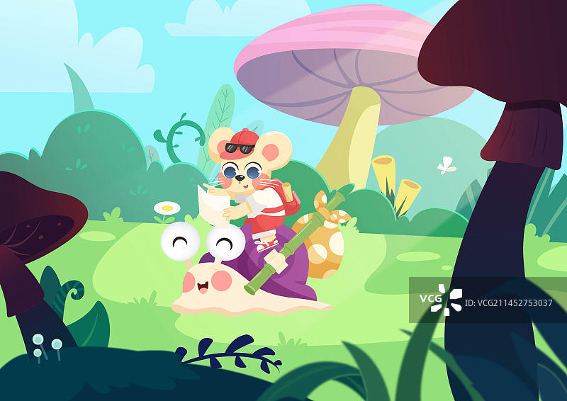 小老鼠骑着蜗牛去旅行图片素材