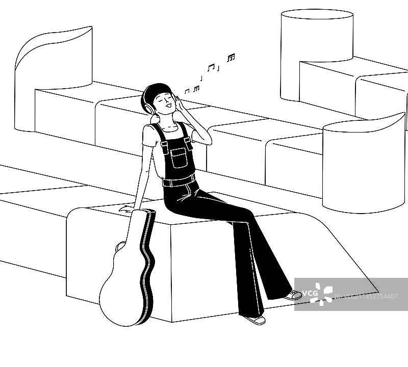 一个短发女孩坐着带着耳机听音乐唱歌黑白矢量插画图片素材