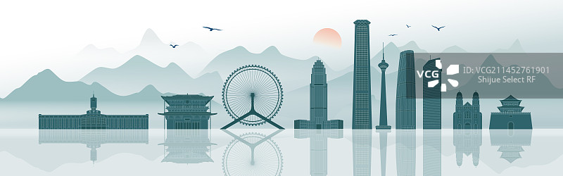 山水国风天津城市地标建筑矢量剪影插画海报图片素材