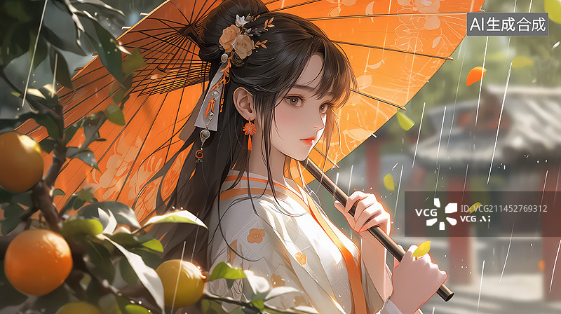 【AI数字艺术】撑着油纸伞在雨天的古风少女图片素材