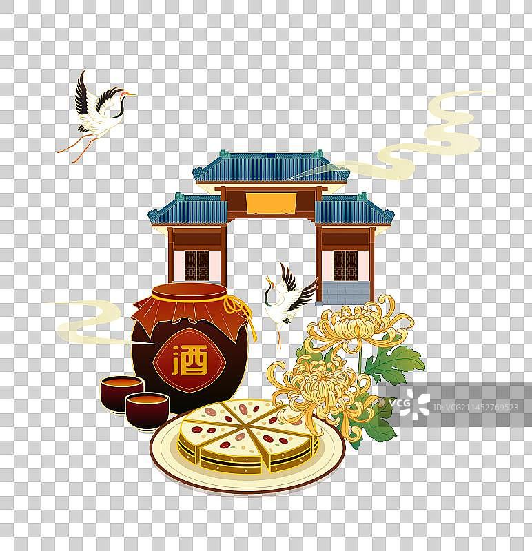 重阳节古亭菊花酒糕点元素矢量插画图片素材