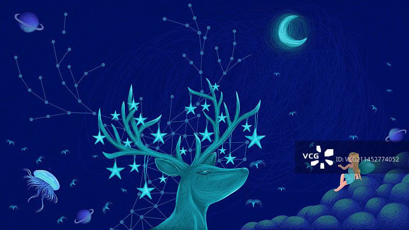 月下遇见神鹿壁纸插画图片素材