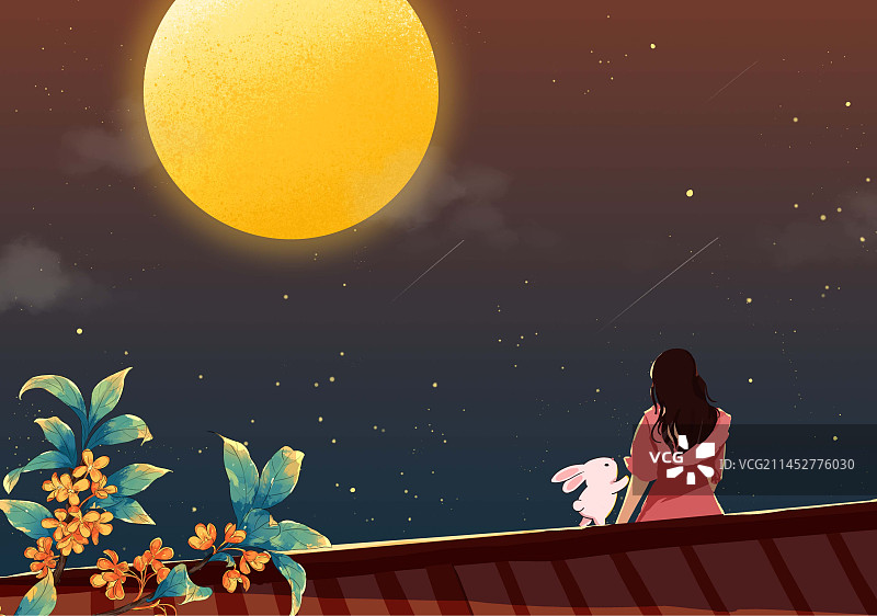 中秋佳节一个人一个兔子坐在屋顶赏月图片素材