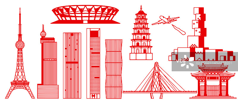 红色剪纸广东佛山城市建筑插画图片素材