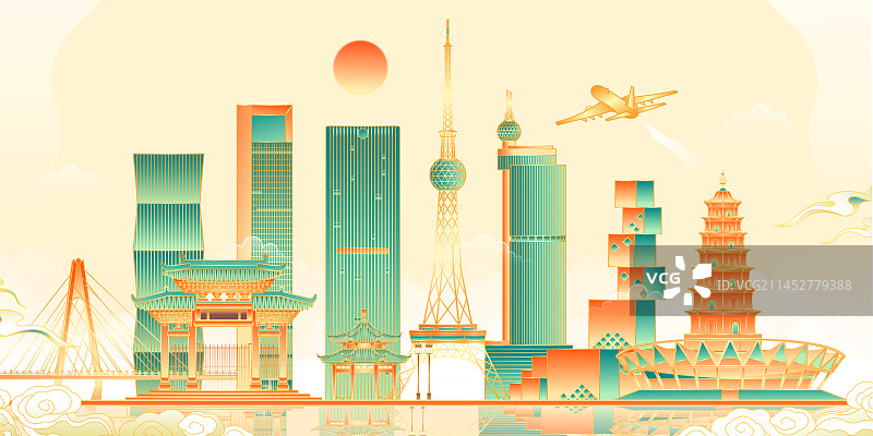 广东佛山城市地标建筑矢量插画图片素材