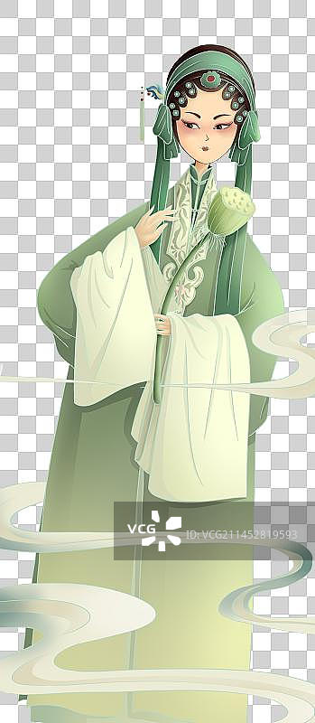 拿着莲蓬的绿衣服古装女子图片素材