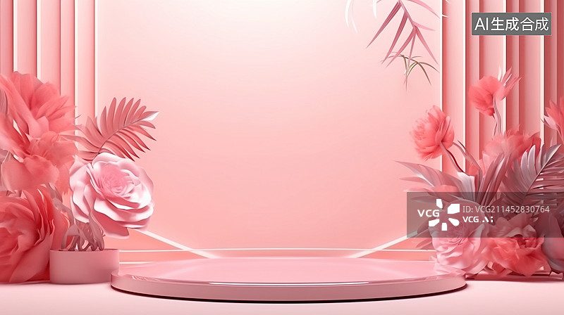 【AI数字艺术】粉红色电商展台抽象软背景粉红色丝带和金线纹理弯曲在讲台周围图片素材