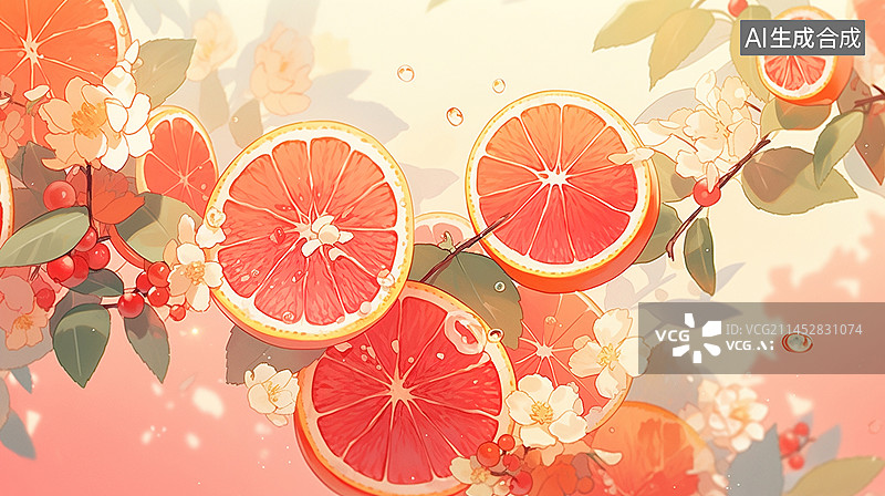 【AI数字艺术】新鲜水果血橙插画图片素材