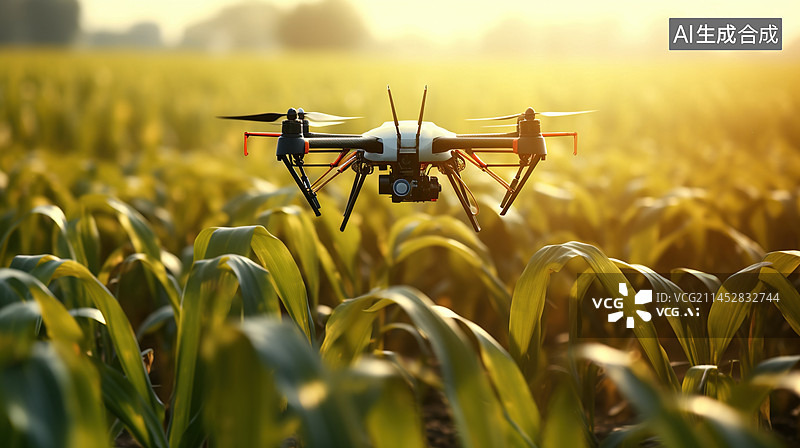 【AI数字艺术】无人机喷雾器飞过玉米地。智慧农业与精准农业图片素材