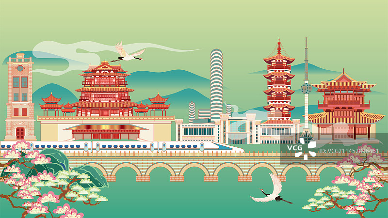 国风地标系列—国潮风徐州高铁建筑群矢量插画图片素材