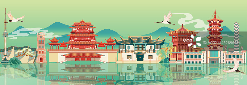 国风地标系列—国潮风徐州全景建筑群矢量插画图片素材