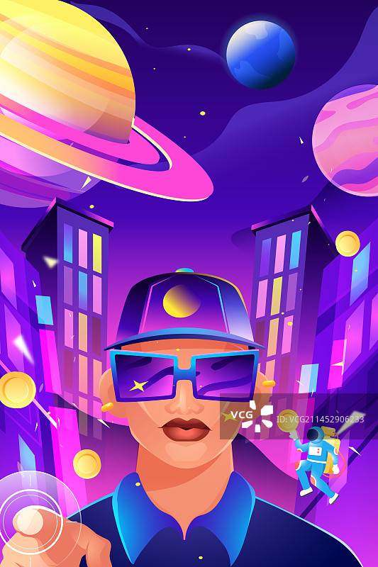 卡通互联网金融宇宙宇航员电商促销优惠双十一双十二购物节消费优惠券狂欢节福利商务科技概念渐变矢量插画图片素材