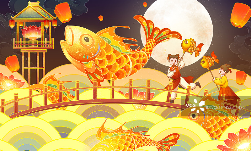 春节游花灯会插画图片素材