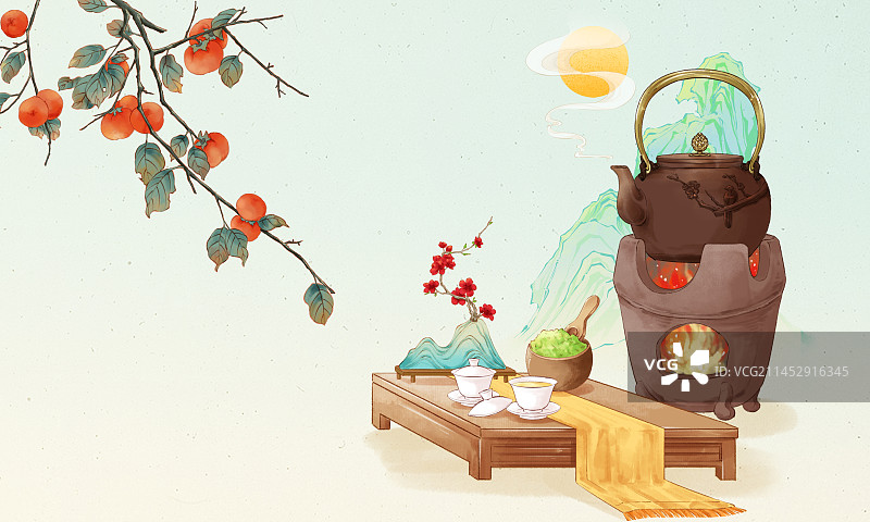 二十四节气大雪围炉煮茶插画图片素材