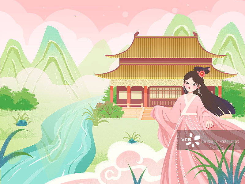 国潮插画汉服女子古建筑宫殿河流景色图片素材