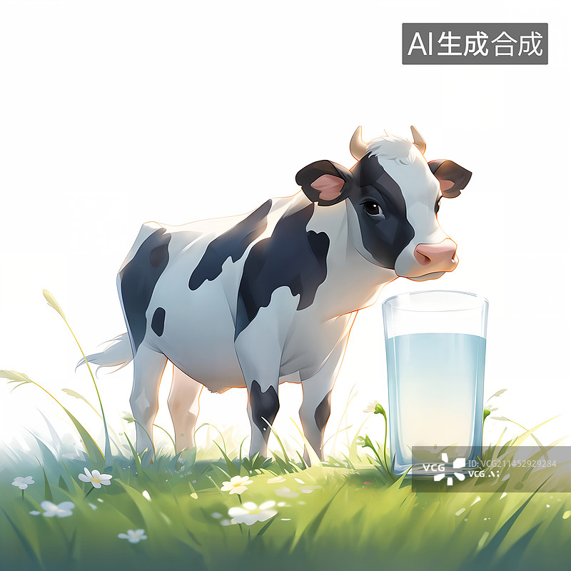 【AI数字艺术】可爱的小奶牛站在草丛里玻璃杯水插画图片素材