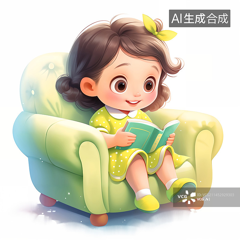 【AI数字艺术】可爱的小女孩坐在绿色的沙发上看书插画图片素材