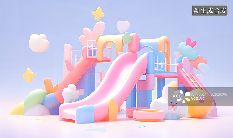 【AI数字艺术】软萌彩虹色儿童滑滑梯云朵星星游乐园插画图片素材