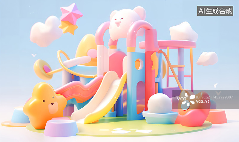 【AI数字艺术】软萌彩虹色儿童滑滑梯云朵星星游乐园插画图片素材