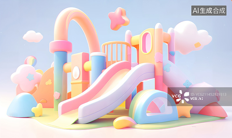 【AI数字艺术】软萌彩虹色儿童滑滑梯云朵星星游乐园插画图片素材