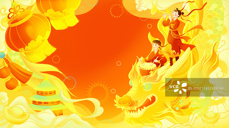 中国龙年春节红灯笼祥云金龙奏乐庆祝插画图片素材