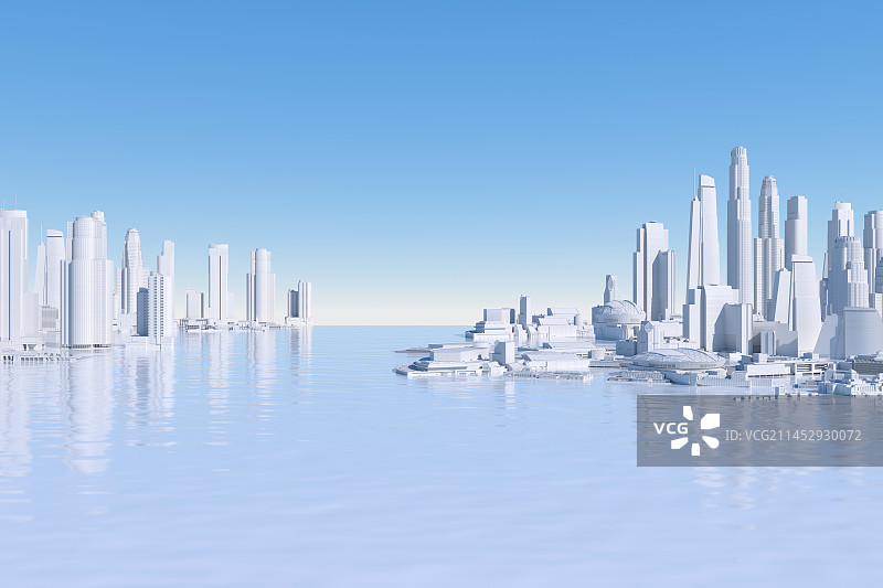 3D城市天际线与游艇码头图片素材