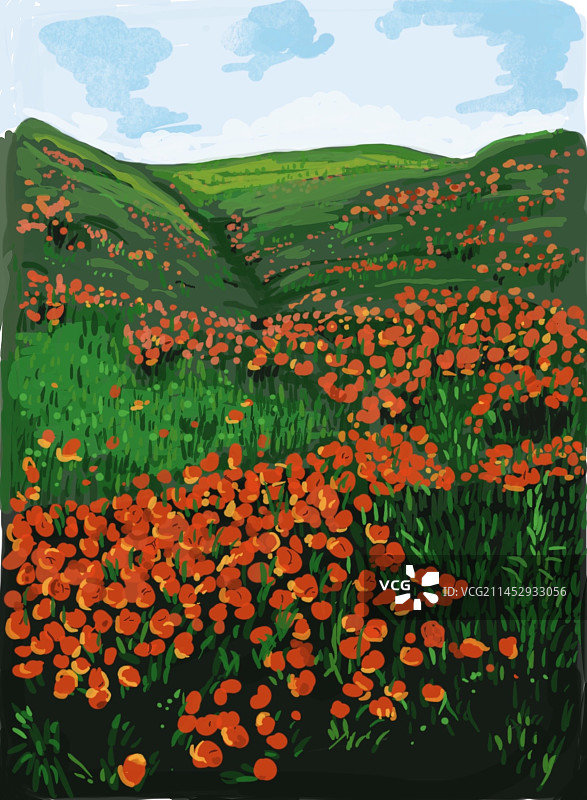 盛夏森林草地红色花朵风景插画图片素材
