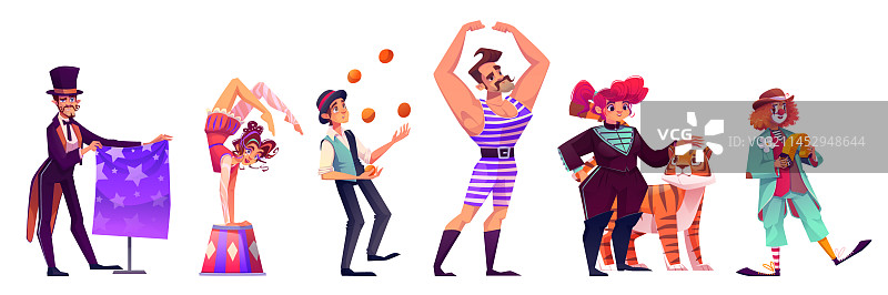 马戏团角色：小丑、杂技演员和杂耍者图片素材