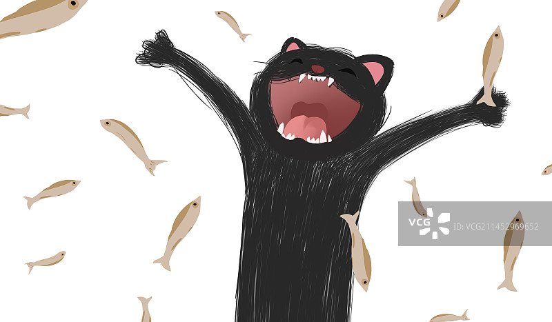 可爱趣味创意有趣小猫猫咪萌宠宠物呵护陪伴成长庆祝欢乐小鱼仔插画图片素材