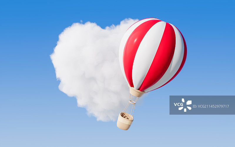 心形的云朵与热气球3D渲染图片素材