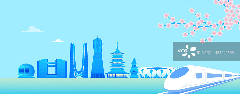 开往杭州的高铁列车矢量插画，节日旅游矢量插画图片素材